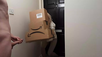 Crazy jerking off guy meets an Amazon delivery girl and she decides to help him cum